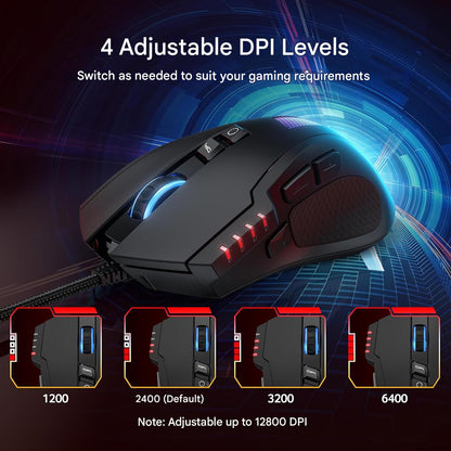 Mouse Gaming cu fir, 12800 DPI, 8 butoane programabile si macrocomenzi, buton declansare rapida reglabil, ergonomic cu suport silicon, RGB 12 presetari, rata interogare 1000 Hz – Ideal PC si Laptop
