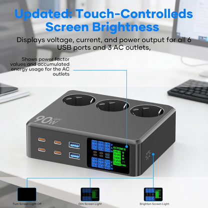 Prelungitor 9 in 1 cu 3 prize, 4x USB-C si 2x USB-A, 2500 W, incarcare rapida 90W PD, display LED, protectie supratensiune, cablu 1.2 m, negru