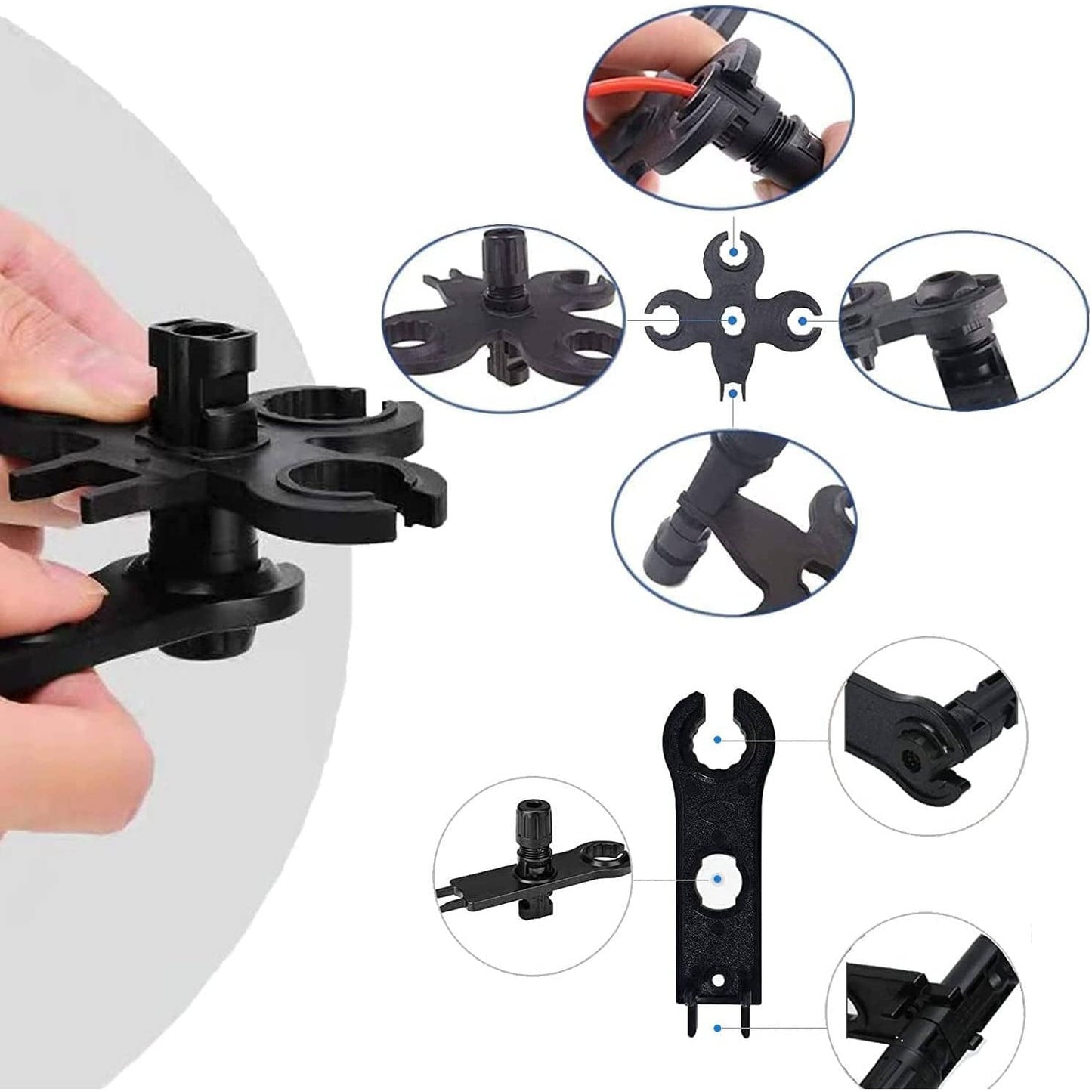Kit de sertizare conectori cablu solar 4-6 mm², pentru panouri solare, cu 6 perechi conectori MC4 tata/mama, cleste de sertizare, chei pentru conector, cu husa de depozitare si transport