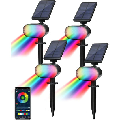 Set de 4 lampi solare LED RGB Bluetooth, cu control prin aplicatie, impermeabile IP65, luminozitate reglabila, pornire si oprire automata, panou si lumina reglabile