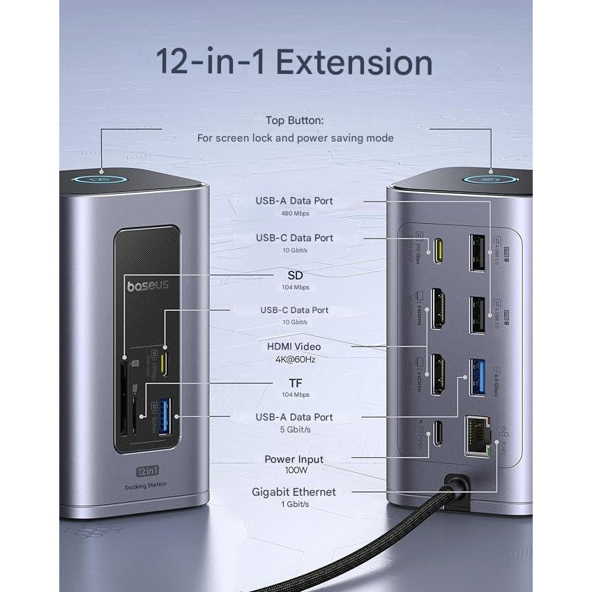 Statie de andocare 12 in 1, extindere la 2 monitoare 4K, PD 100W, 2 x HDMI 4K, 4 x USB-A, 2 x USB-C 10Gbps, TF/SD 104 Mbit/s, Gigabit Ethernet, cu buton blocare ecran, compatibila cu laptopuri Dell, HP, Lenovo, Asus, Acer, Mac