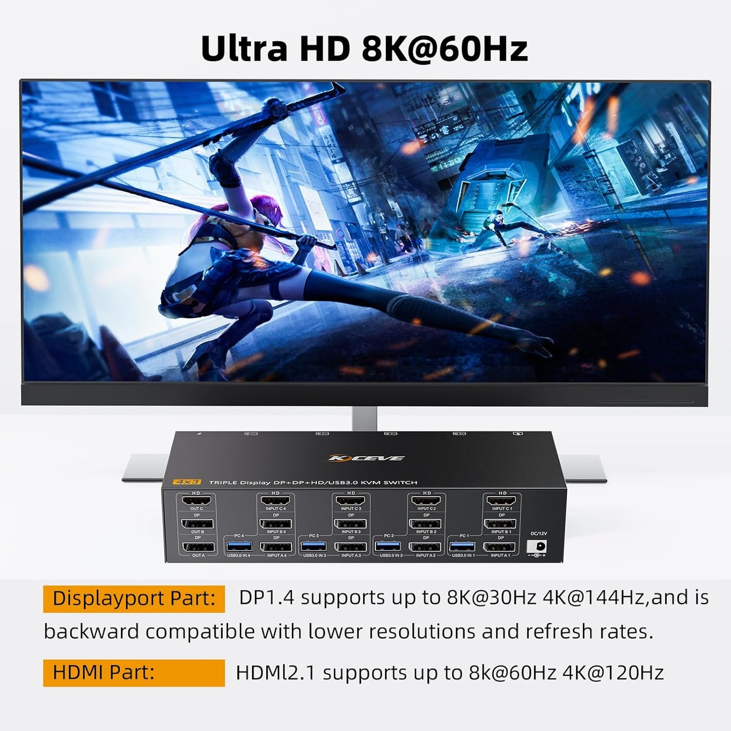 Comutator KVM Triple Monitor KCEVE pentru 4 PC-uri si 3 monitoare, 2x DisplayPort + HDMI, rezolutie pana la 8K 30Hz / 4K 144Hz, transfer date USB 3.0 5Gbps, 4 porturi USB pentru tastatura, mouse, imprimanta si stick USB, comutare prin buton, Plug & Play