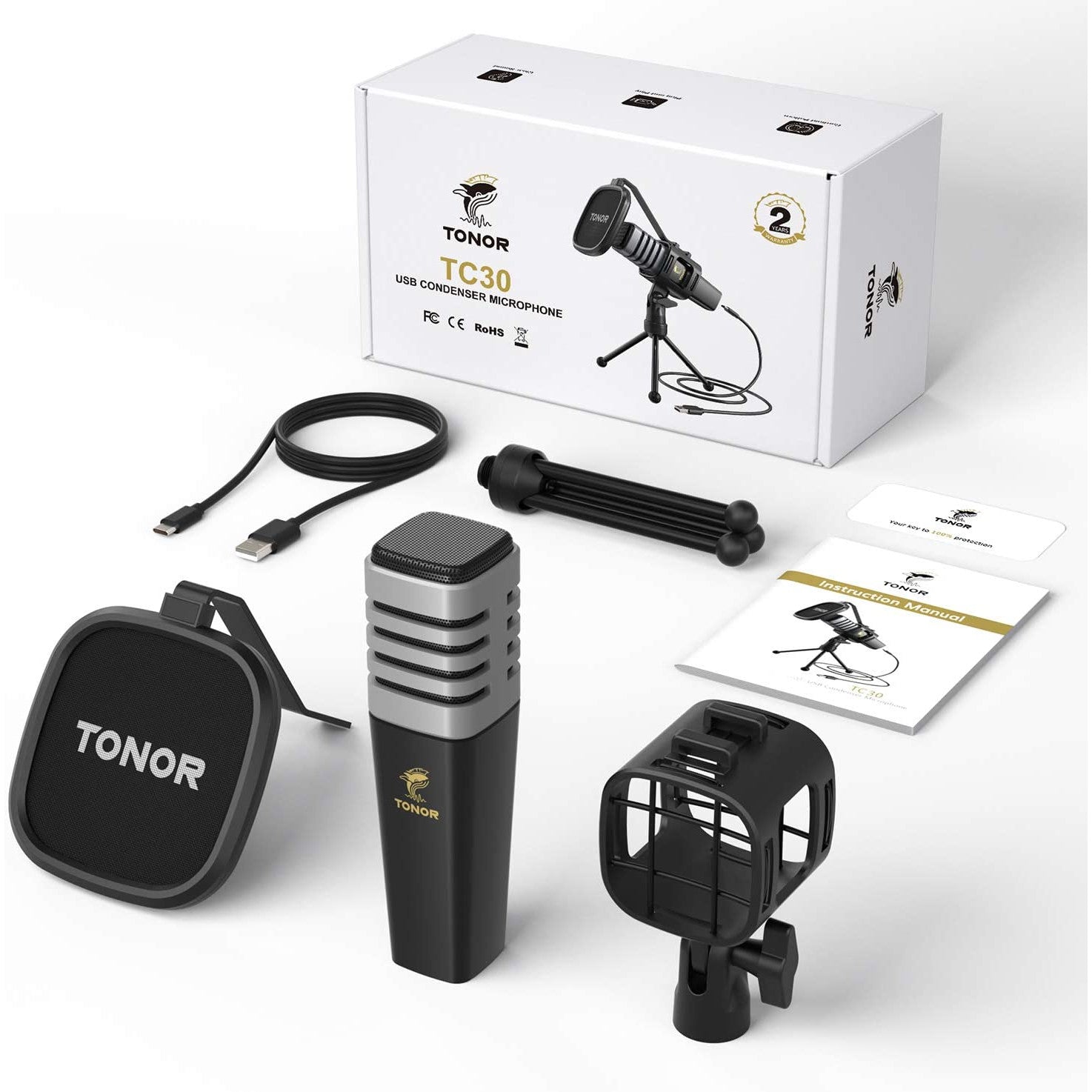 Microfon USB cu suport si filtru pop, Tonor TC30, plug and play, microfon condenser cardidoid pentru inregistrare, streaming, Podcast, Youtube, compatibil PS4, PC, Laptop