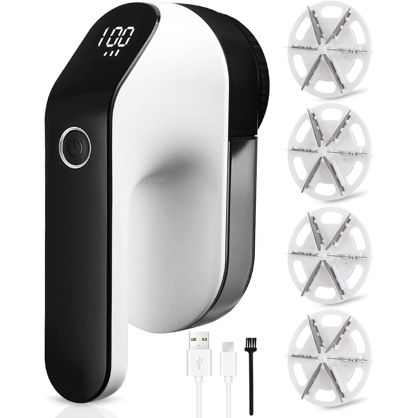 Aparat de curatat scame reincarcabil USB cu acumulator de 2000 mAh, afisaj LED, 3 viteze, 4 lame de schimb cu 6 pale, viteza maxima 9000 rpm, alb