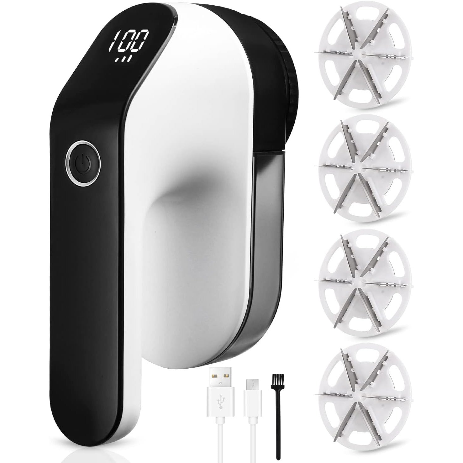 Aparat de curatat scame reincarcabil USB cu acumulator de 2000 mAh, afisaj LED, 3 viteze, 4 lame de schimb cu 6 pale, viteza maxima 9000 rpm, alb