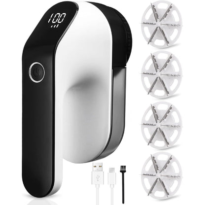Aparat de curatat scame reincarcabil USB cu acumulator de 2000 mAh, afisaj LED, 3 viteze, 4 lame de schimb cu 6 pale, viteza maxima 9000 rpm, alb