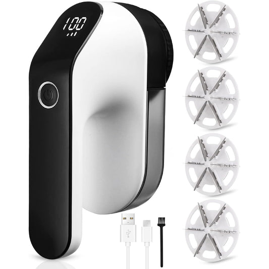 Aparat de curatat scame reincarcabil USB cu acumulator de 2000 mAh, afisaj LED, 3 viteze, 4 lame de schimb cu 6 pale, viteza maxima 9000 rpm, alb