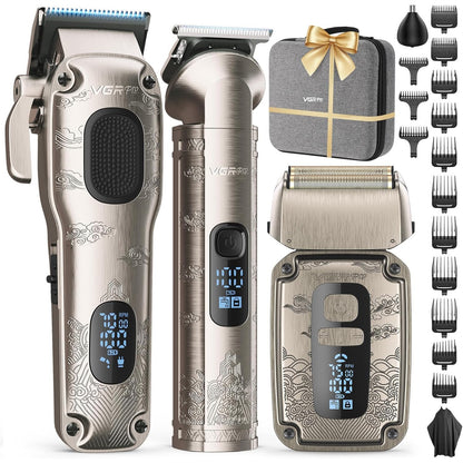 Set masina de tuns profesionala VGRPRO 3 in 1 masina de tuns, trimmer si aparat de ras cu folie, 4 viteze pana la 7500 RPM, 15 accesorii, impermeabil IPX7, display LED, baterie reincarcabila, wireless, pentru par si barba