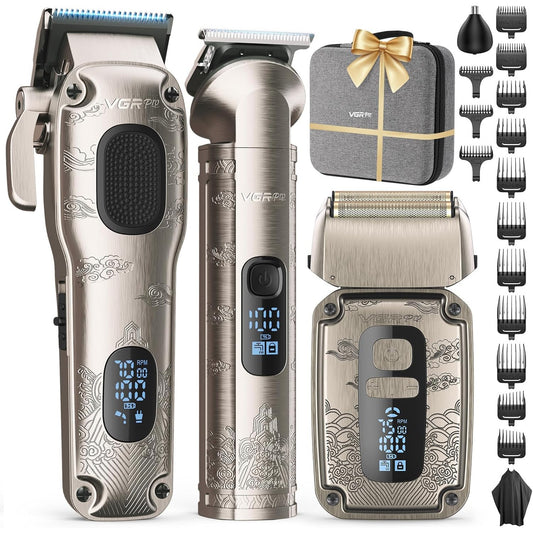 Set masina de tuns profesionala VGRPRO 3 in 1 masina de tuns, trimmer si aparat de ras cu folie, 4 viteze pana la 7500 RPM, 15 accesorii, impermeabil IPX7, display LED, baterie reincarcabila, wireless, pentru par si barba
