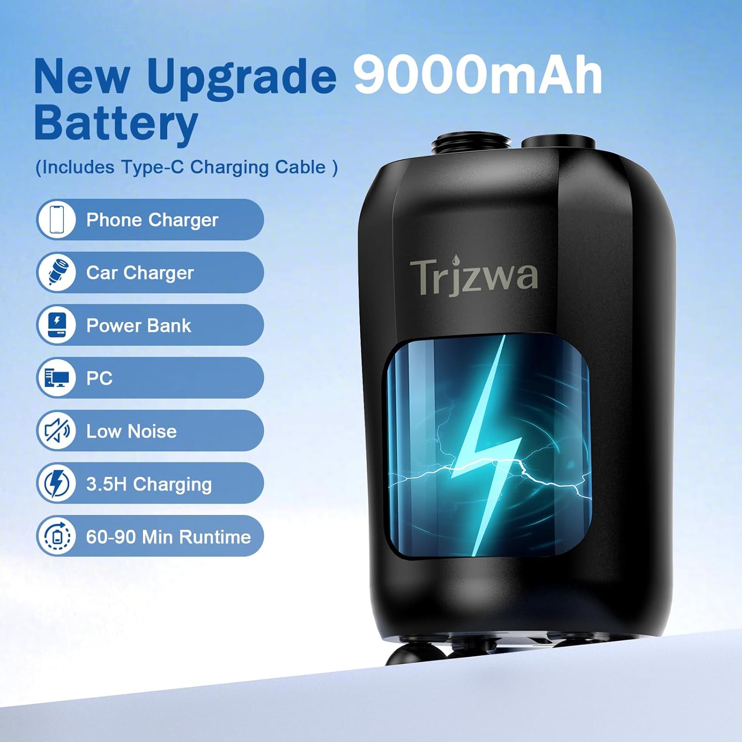 Dus portabil pentru camping TRJZWA, pompa reincarcabila 9000mAh cu afisaj digital, cap de dus reglabil cu 3 moduri, galeata pliabila si furtun inclus, autonomie 60–90 min, incarcare USB Type-C, pentru drumetii, gradina, spalare auto si animale de companie