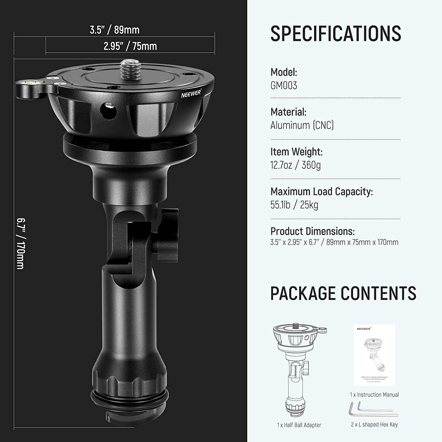 Baza de nivelare cap trepied cu bula, din aliaj de aluminiu, cu carlig pentru sac nisip, cu surub de montare 3/8", pliabil, Neewer GM003