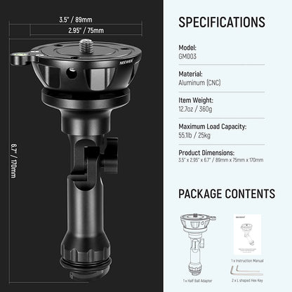 Baza de nivelare cap trepied cu bula, din aliaj de aluminiu, cu carlig pentru sac nisip, cu surub de montare 3/8", pliabil, Neewer GM003