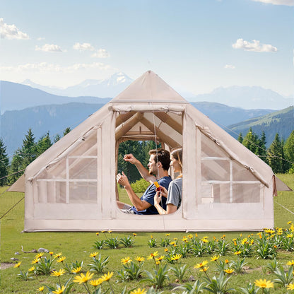 Cort gonflabil pentru camping VEVOR 4x3x2m, capacitate 5-8 persoane, material Oxford 300D impermeabil PU3000, montaj rapid cu pompa inclusa, 2 usi si 4 ferestre cu plasa, cu geanta transport