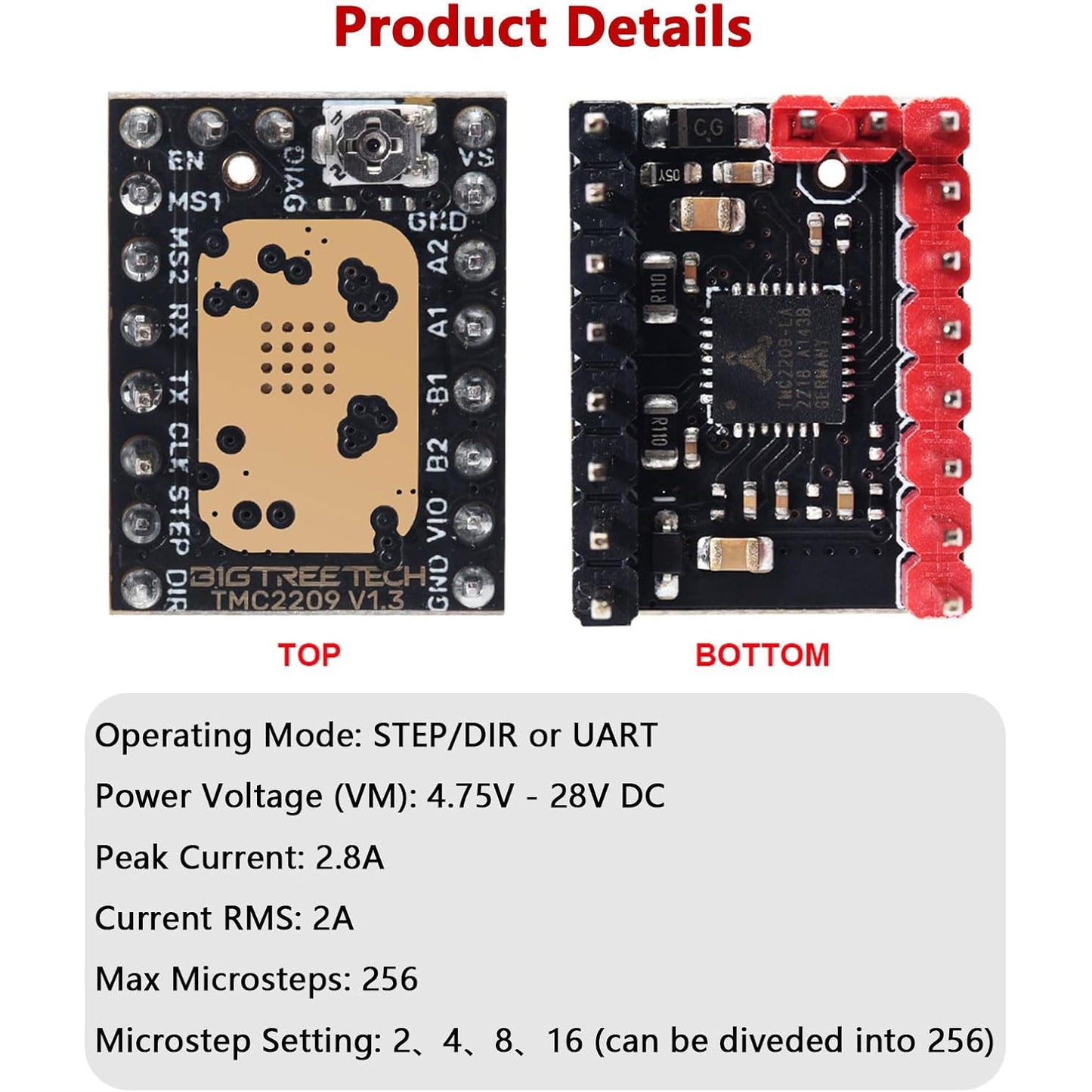 Driver motor pas cu pas KINGPRINT TMC2209 V1.2, 2.8A varf, ultra-silentios StealthChop2, UART/STEP-DIR, 1/256 microstep, compatibil SKR V1.3/Pro si imprimante 3D FDM