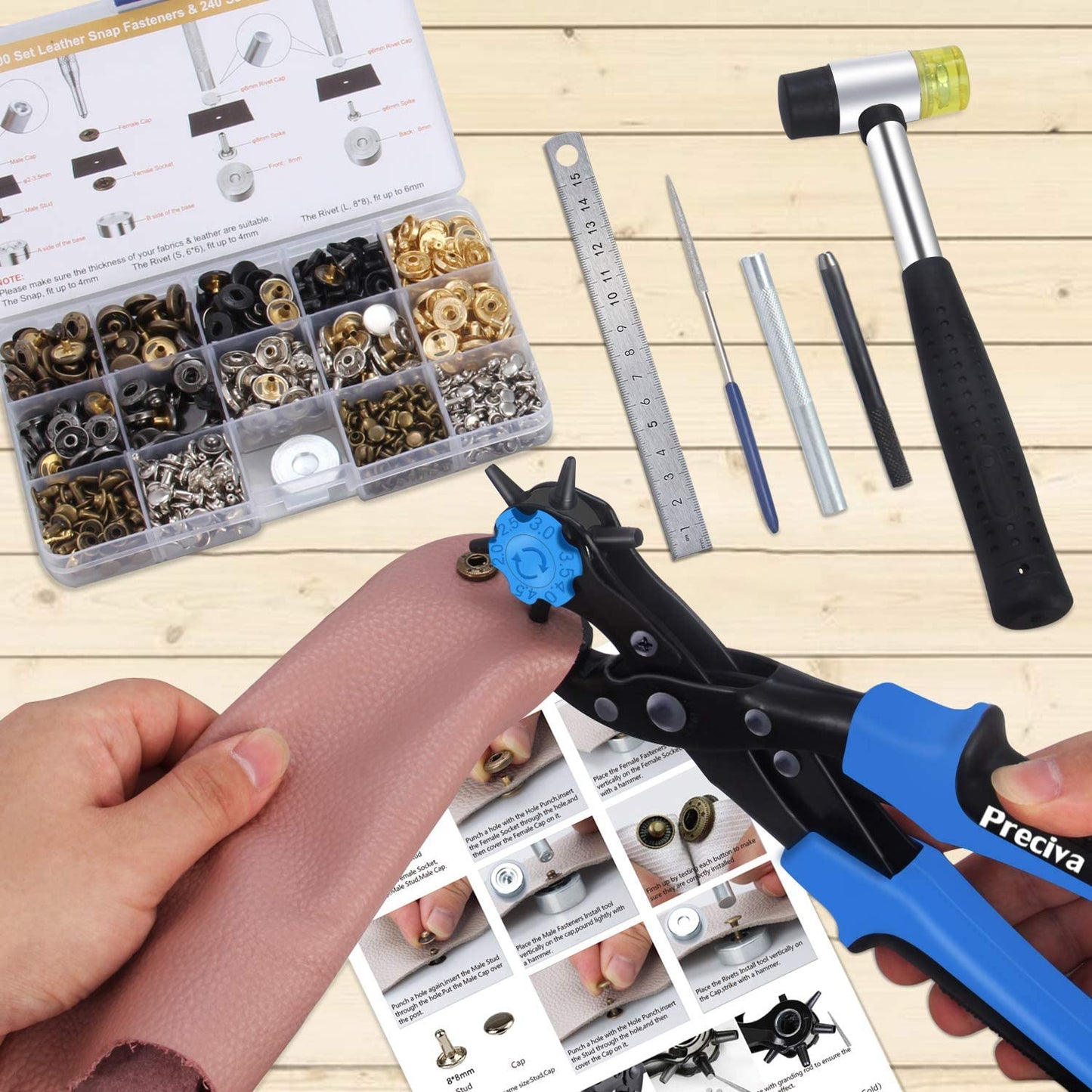 Set cleste preducea de perforat curele, rotativ cu accesorii de gaurit si capsat piele cu 240 capace nit, rigla, ciocan si pila pentru marochinarie