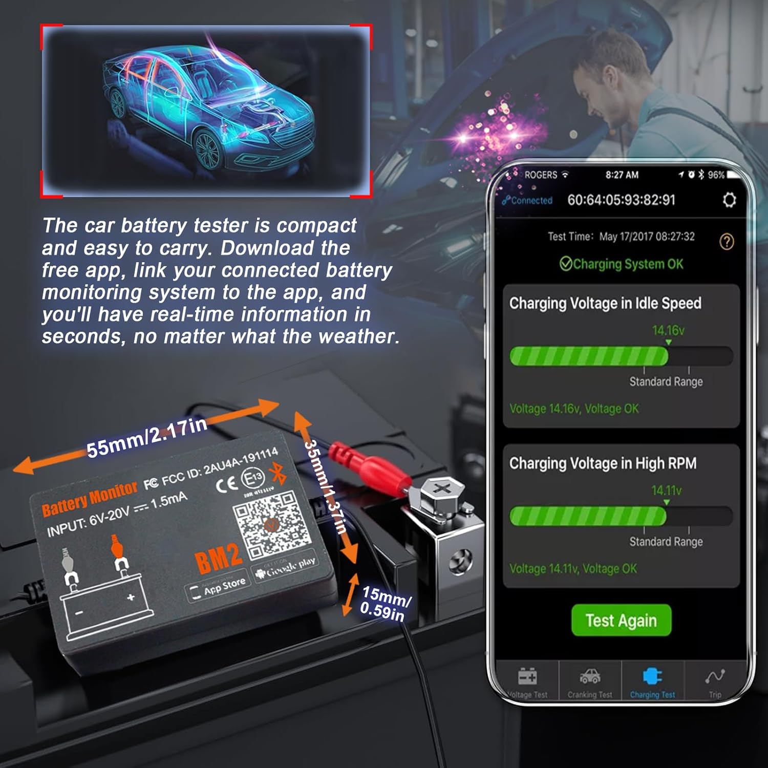 Tester baterie auto Bluetooth, dispozitiv monitorizare parametri baterie 12 V 100-2000 CCA, istoric masuratori, test pornire si incarcare, inregistrare timp clatorie, multifunctional