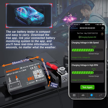 Tester baterie auto Bluetooth, dispozitiv monitorizare parametri baterie 12 V 100-2000 CCA, istoric masuratori, test pornire si incarcare, inregistrare timp clatorie, multifunctional