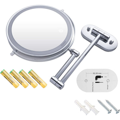Oglinda cosmetica iluminata LED, 1X-5X, cu brat pliabil, fara fir, cu 4 baterii AAA, buton tactil, rotativa 360°, cu 2 fete