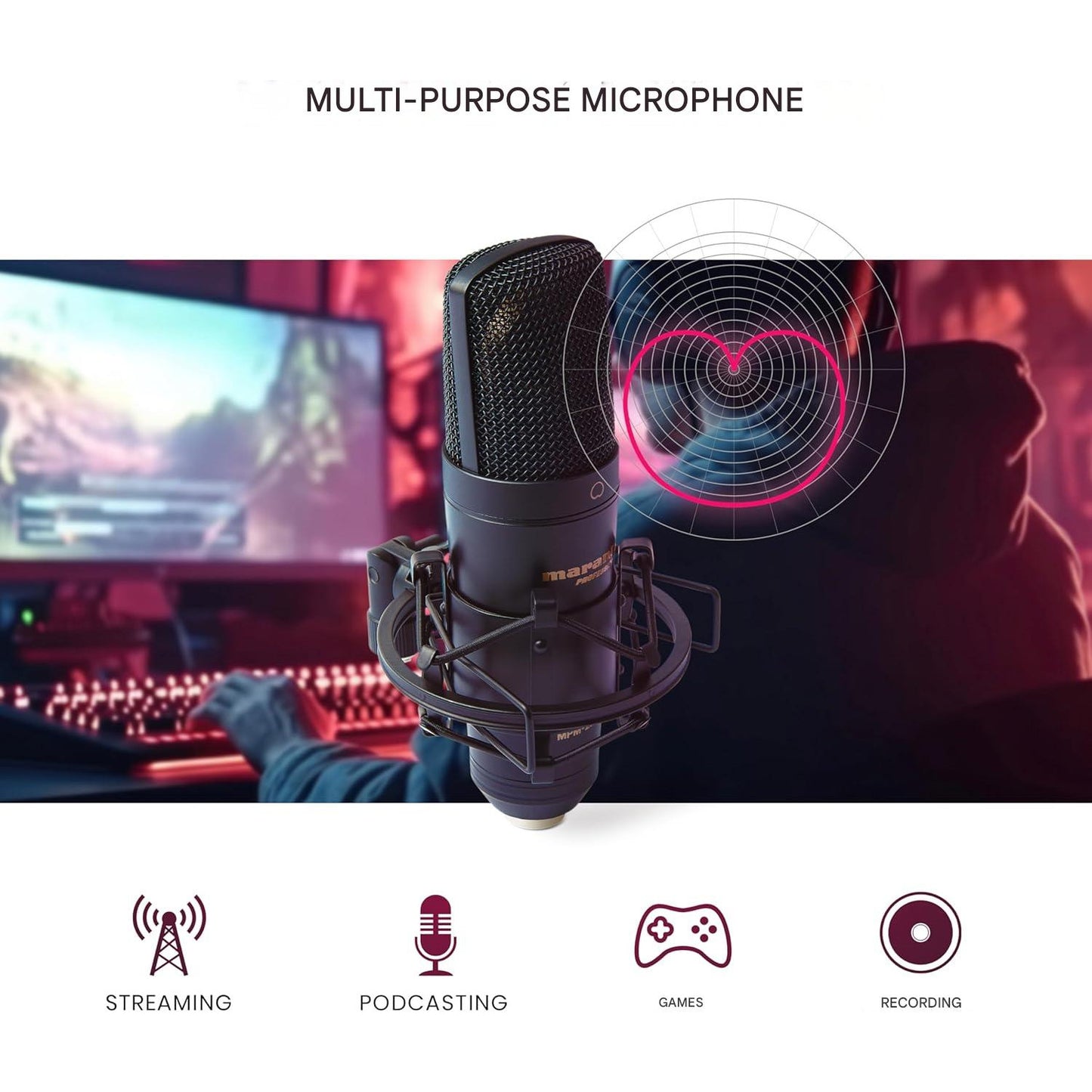 Microfon USB Marantz Professional MPM-2000U cu diafragma mare, calitate audio de studio, ideal pentru inregistrari profesionale, podcasturi, Streaming Twitch, YouTube, voce si instrumente acustice, include suport antisoc, cablu USB si geanta de transport