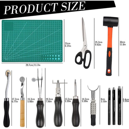 Set unelte prelucrare piele, 328 piese, cu scule modelaj, perforatori, ata pentru pielarie, ace de cusut, stampile, capse, placa de taiere, instrumente de bricolaj si marochinarie cu husa de depozitare si transport