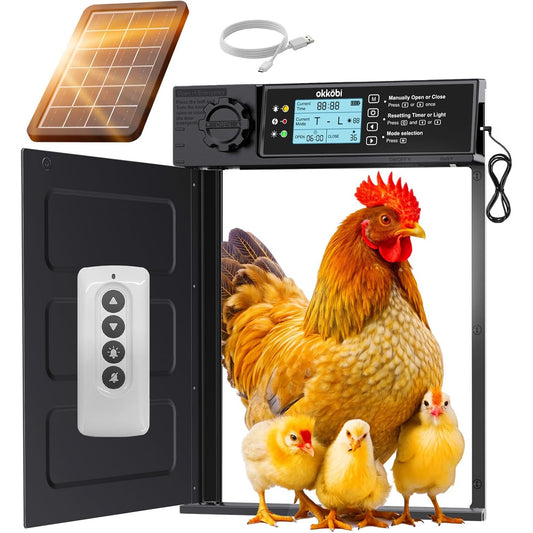 Usa automata inteligenta pentru cotet gaini Okkobi PRO, alimentare solara + USB-C, telecomanda, senzor lumina si timer, ecran LCD, sistem anti-prindere, constructie rezistenta all-weather, 38x28 cm, negru