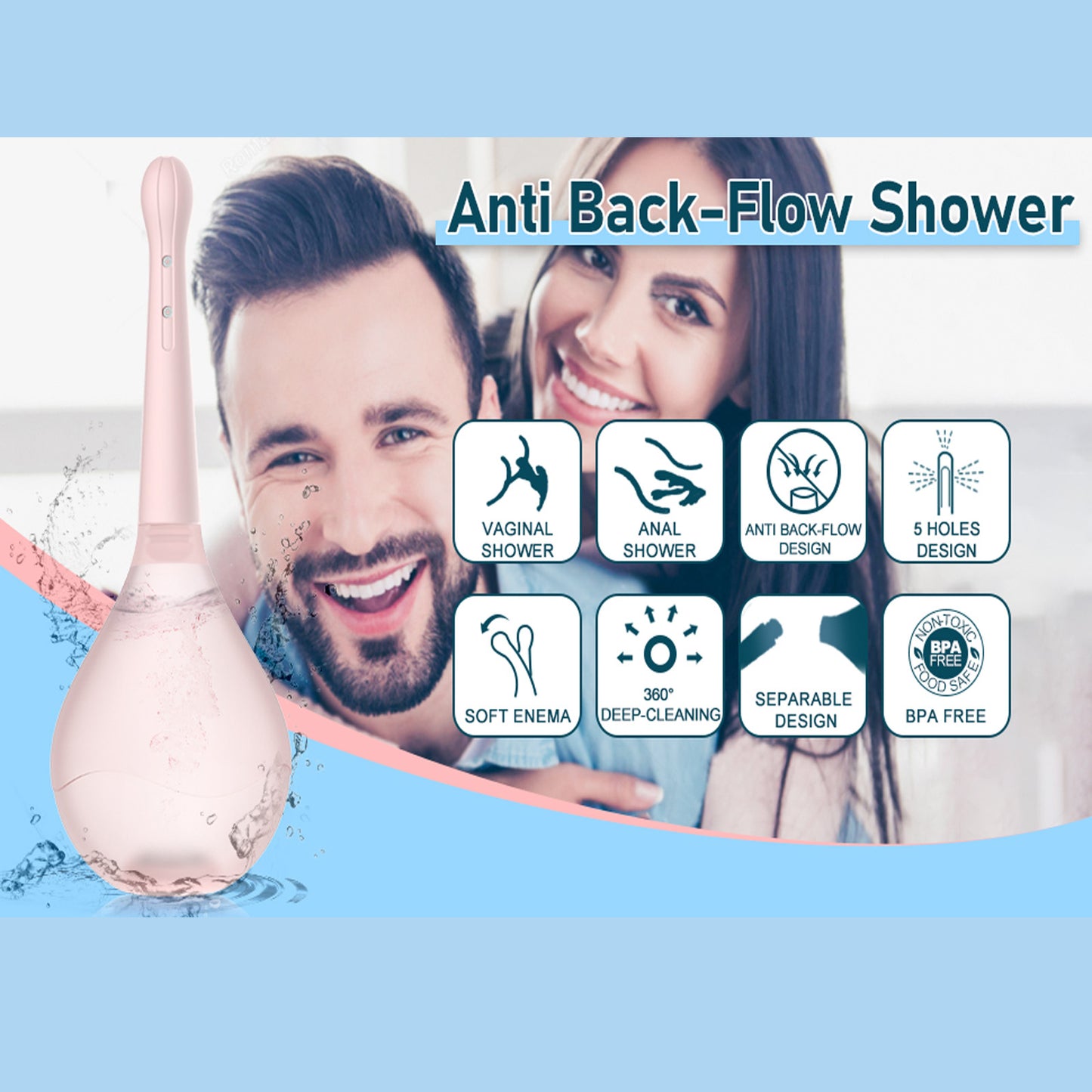 Irigator intim pentru clatire intestinala si vaginala, Zggzerg, Design anti-retur, 150 ml, Cap cu 5 duze, Ergonomic, Reutilizabile, Pentru igiena intima, Portabil si usor de folosit, ABS, Roz