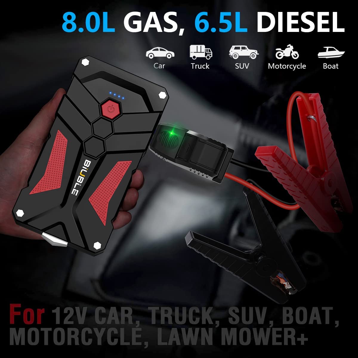 Starter auto, robot de pornire multifunctional 2000A, cu finctie de powerbank 21800 mAh 12V, cu lanterna LED si port USB, BiUBLE