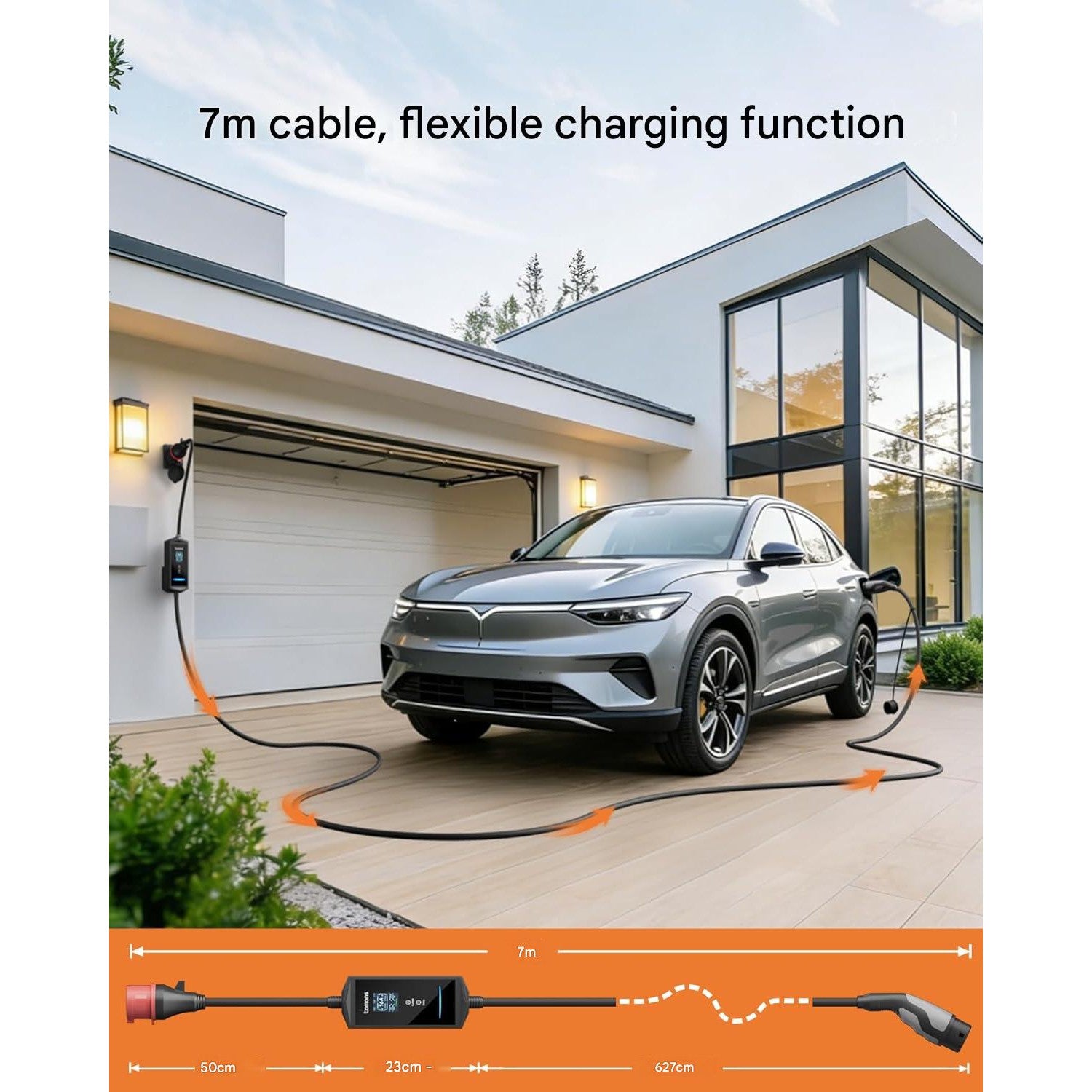 Statie de incarcare portabila EV Tomons 11kW (Mobile Wallbox), Type 2 7m, 400V trifazic 6-16A reglabil, aplicatie Bluetooth, ecran LCD 2.4”, IP65, timer, compatibil Tesla Model 3/Y, VW ID.3/4/5/7