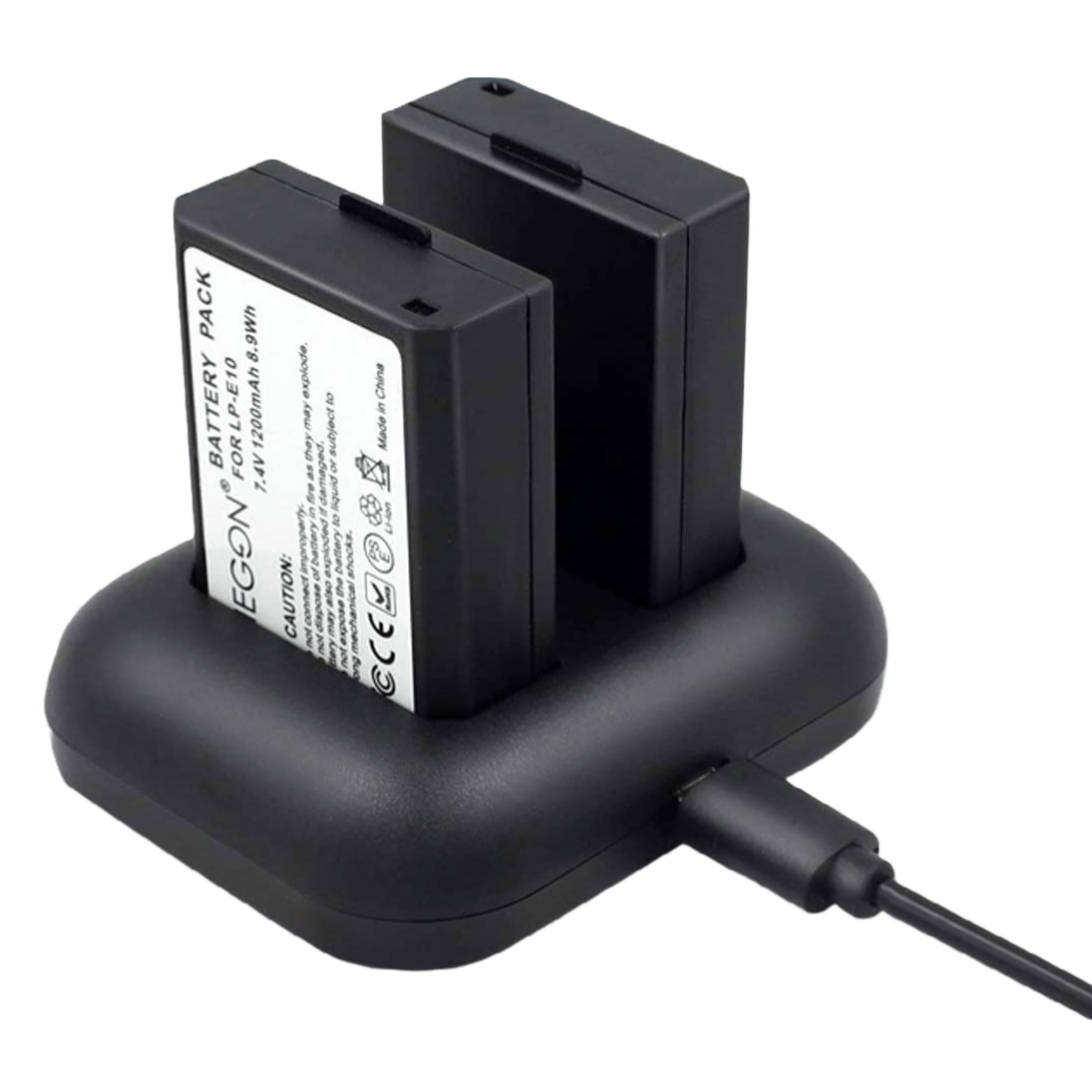 Set de 2 acumulatori LP-E10 1200 mAh si incarcator rapid dublu, pentru Canon EOS Rebel T3, T5, T6, T7, T100, Kiss X50, Kiss X70, EOS 1100D, 1200D, 1300D, 1500D, 20000D