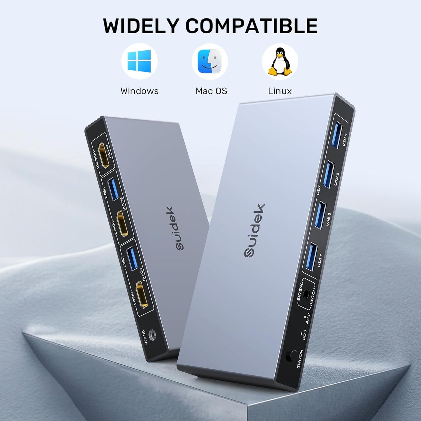 Switch KVM DisplayPort, Hub Adaptor pentru 2 computere si 1 monitor, 8K @ 60Hz, 4 porturi USB, cu controler desktop, 2 cabluri USB si sursa de alimentare
