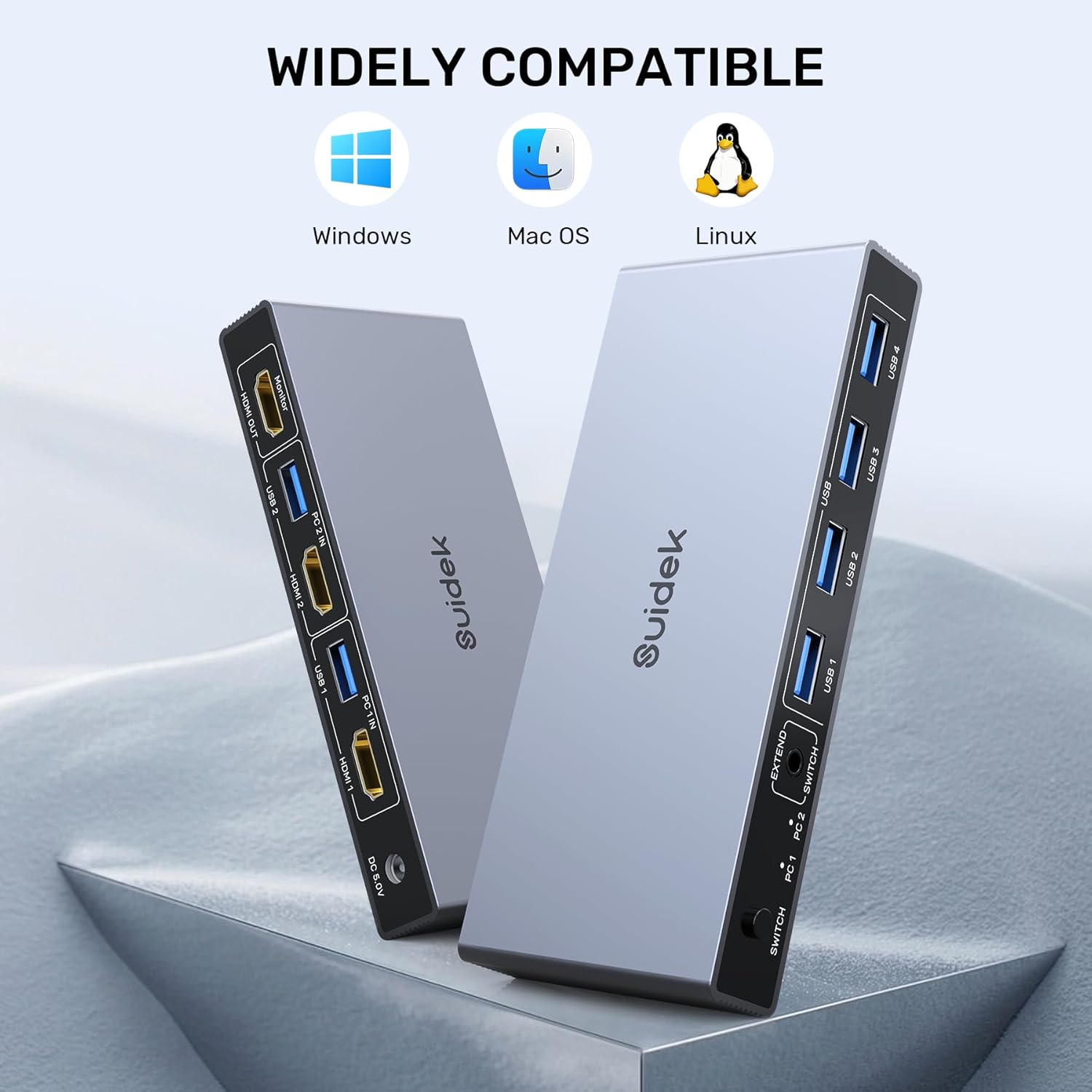 Switch KVM DisplayPort, Hub Adaptor pentru 2 computere si 1 monitor, 8K @ 60Hz, 4 porturi USB, cu controler desktop, 2 cabluri USB si sursa de alimentare