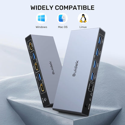 Switch KVM DisplayPort, Hub Adaptor pentru 2 computere si 1 monitor, 8K @ 60Hz, 4 porturi USB, cu controler desktop, 2 cabluri USB si sursa de alimentare