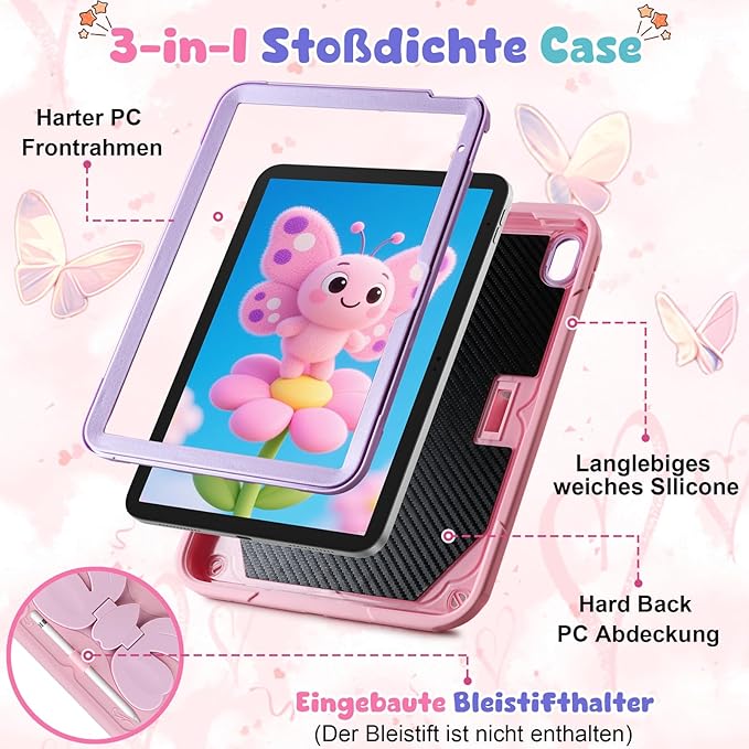 Husa Vunake tip fluture pentru iPad 11/10, cureaua de umăr detasabilă, suport stilou, roz