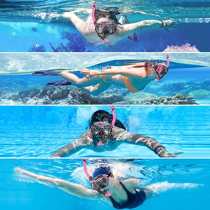 Set masca de snorkeling profesionala anti-ceata cu snorkel, cureaua reglabila, inchidere cu bila, sticla securizata, din silicon alimentar de inalta calitate, pentru barbati si femei, masca de scafandru pentru scufundari, negru/roz