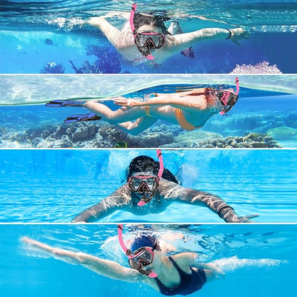 Set masca de snorkeling profesionala anti-ceata cu snorkel, cureaua reglabila, inchidere cu bila, sticla securizata, din silicon alimentar de inalta calitate, pentru barbati si femei, masca de scafandru pentru scufundari, negru/roz