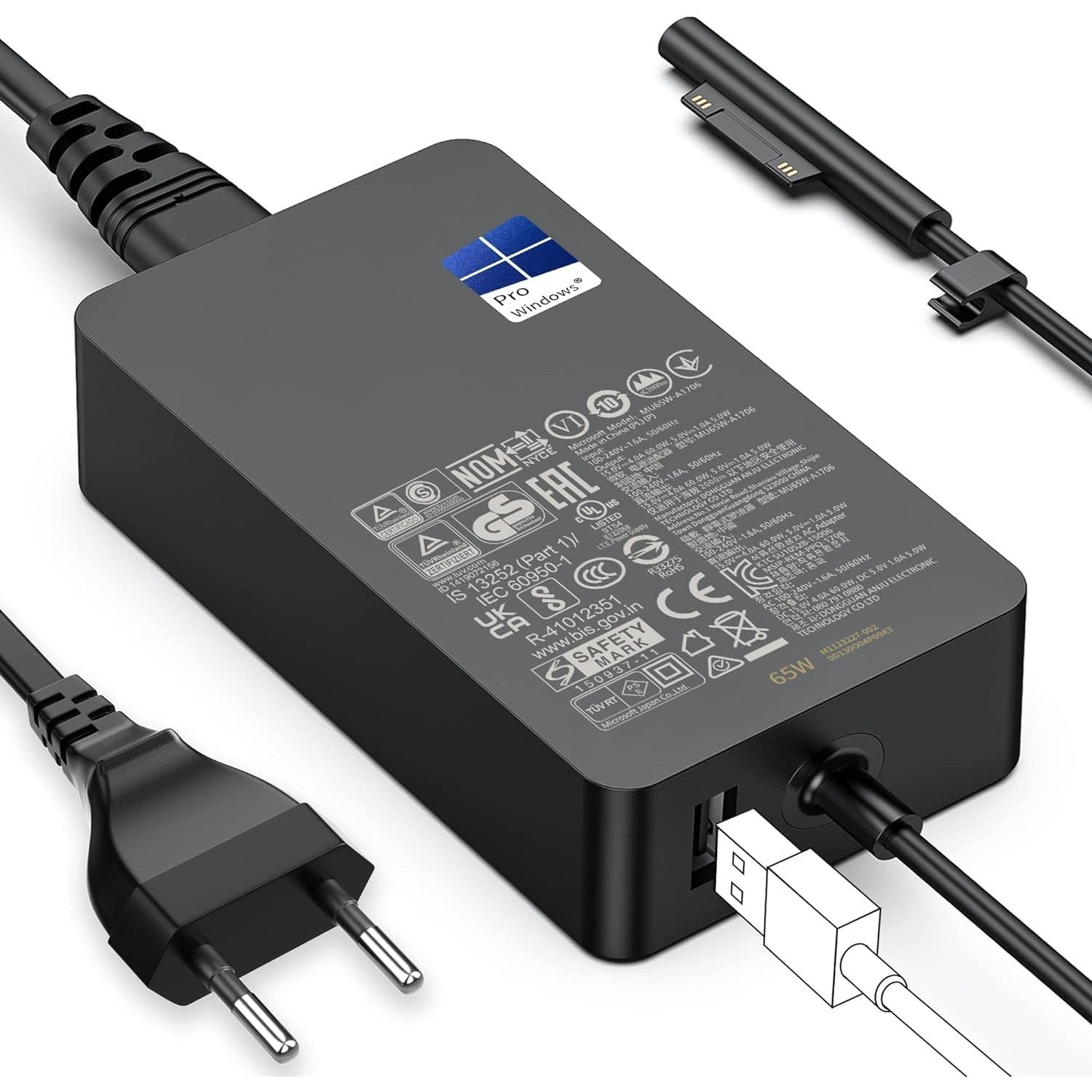 Incarcator tableta/laptop Surface Pro 11/10/9/8/7+/7/6/5/4/3/X, Windows Surface Laptop 7/6/4/4/3/2, Studio I5, Surface GO 4/3/2, Surface Book 3/2/1, 65W, cu iesire USB, negru