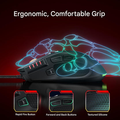 Mouse Gaming cu fir, 12800 DPI, 8 butoane programabile si macrocomenzi, buton declansare rapida reglabil, ergonomic cu suport silicon, RGB 12 presetari, rata interogare 1000 Hz – Ideal PC si Laptop