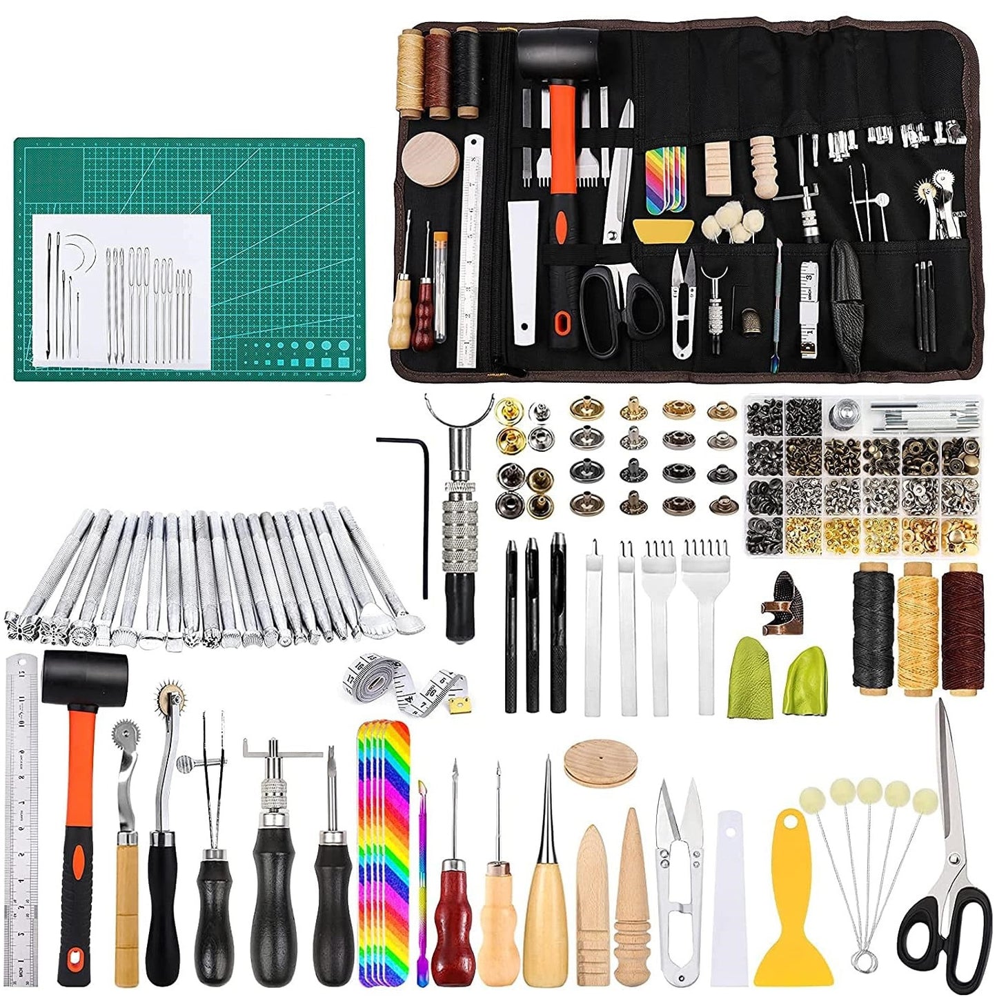 Set unelte prelucrare piele, 328 piese, cu scule modelaj, perforatori, ata pentru pielarie, ace de cusut, stampile, capse, placa de taiere, instrumente de bricolaj si marochinarie cu husa de depozitare si transport