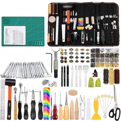 Set unelte prelucrare piele, 328 piese, cu scule modelaj, perforatori, ata pentru pielarie, ace de cusut, stampile, capse, placa de taiere, instrumente de bricolaj si marochinarie cu husa de depozitare si transport