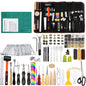 Set unelte prelucrare piele, 328 piese, cu scule modelaj, perforatori, ata pentru pielarie, ace de cusut, stampile, capse, placa de taiere, instrumente de bricolaj si marochinarie cu husa de depozitare si transport