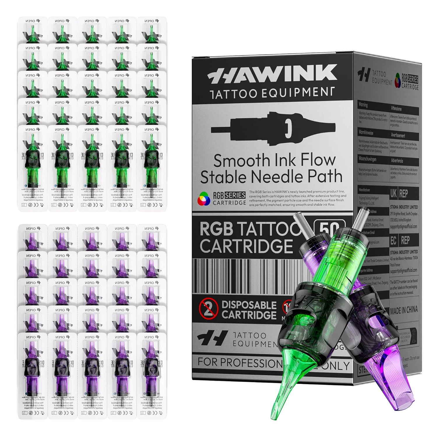 Set 50 ace de tatuat profesionale HAWINK unica folosinta #12 Liner/Shader/Magnum 0,35 mm, 12 tipuri modul ace 3RL, 5RL, 7RL, 3RS, 5RS, 7RM, 9R, 11RM, 13RM, 15RM din otel inoxidabil, accesorii profesionale EN20-FG-50KIT-J