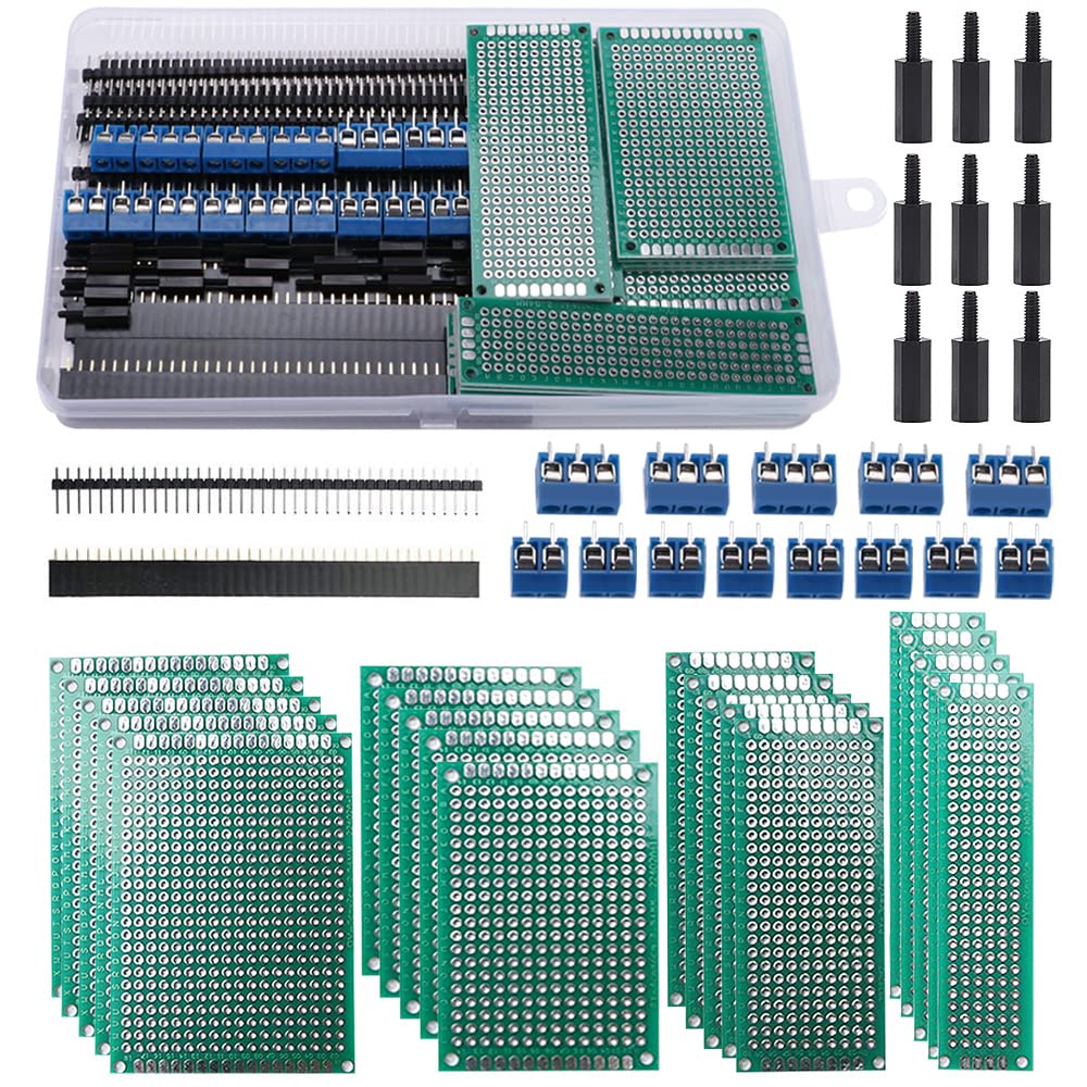 Kit prototipare PCB VooGenzek 75 piese, 20 placi PCB fata-verso 2.54 mm, conectori Header mascul/femela, terminale cu surub 2 si 3 pini, distantiere Nylon, pentru arduino si electronice DIY