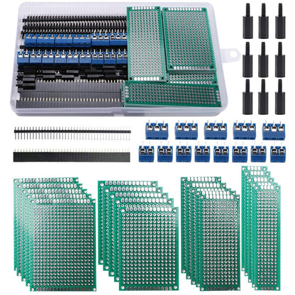 Kit prototipare PCB VooGenzek 75 piese, 20 placi PCB fata-verso 2.54 mm, conectori Header mascul/femela, terminale cu surub 2 si 3 pini, distantiere Nylon, pentru arduino si electronice DIY