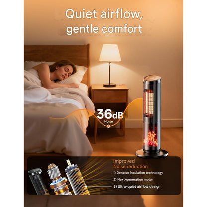 Incalzitor electric ceramic tip turn Dolaso 2000 W cu ventilator, tehnologie PTC, efect flacara, oscilatie 70°, termostat, 3 moduri, telecomanda, timer 1–8 h, protectie supraincalzire, negru