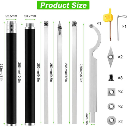 Set unelte prelucrare lemn, cutite pentru strung lemn, cu placute amovibile din carbura si tije de prelungire, dalti strunjire in cutie de transport si depozitare din aluminiu