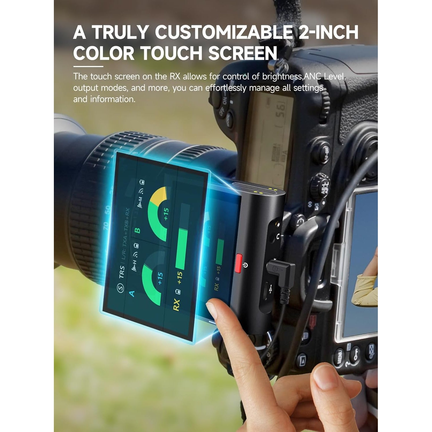 Set 2 microfoane lavaliera profesionale wireless 2.4GHz, raza actiune 250 m, receptor cu touchscreen de 2 inch, 10 ore timp functionare, anulare zgomot, inregistrare de siguranta, pentru PC, Laptop, Smartphone, Camere DSLR