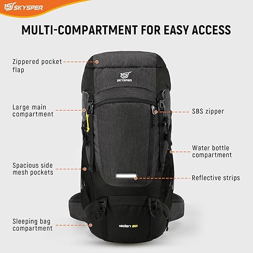 Rucsac de drumetie 50 litri, impermeabil, cu husa anti ploaie, compartiment pentru sac de dormit, spate respirabil, cu centura de talie, pentru trekking, camping, excursii