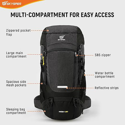 Rucsac de drumetie 50 litri, impermeabil, cu husa anti ploaie, compartiment pentru sac de dormit, spate respirabil, cu centura de talie, pentru trekking, camping, excursii