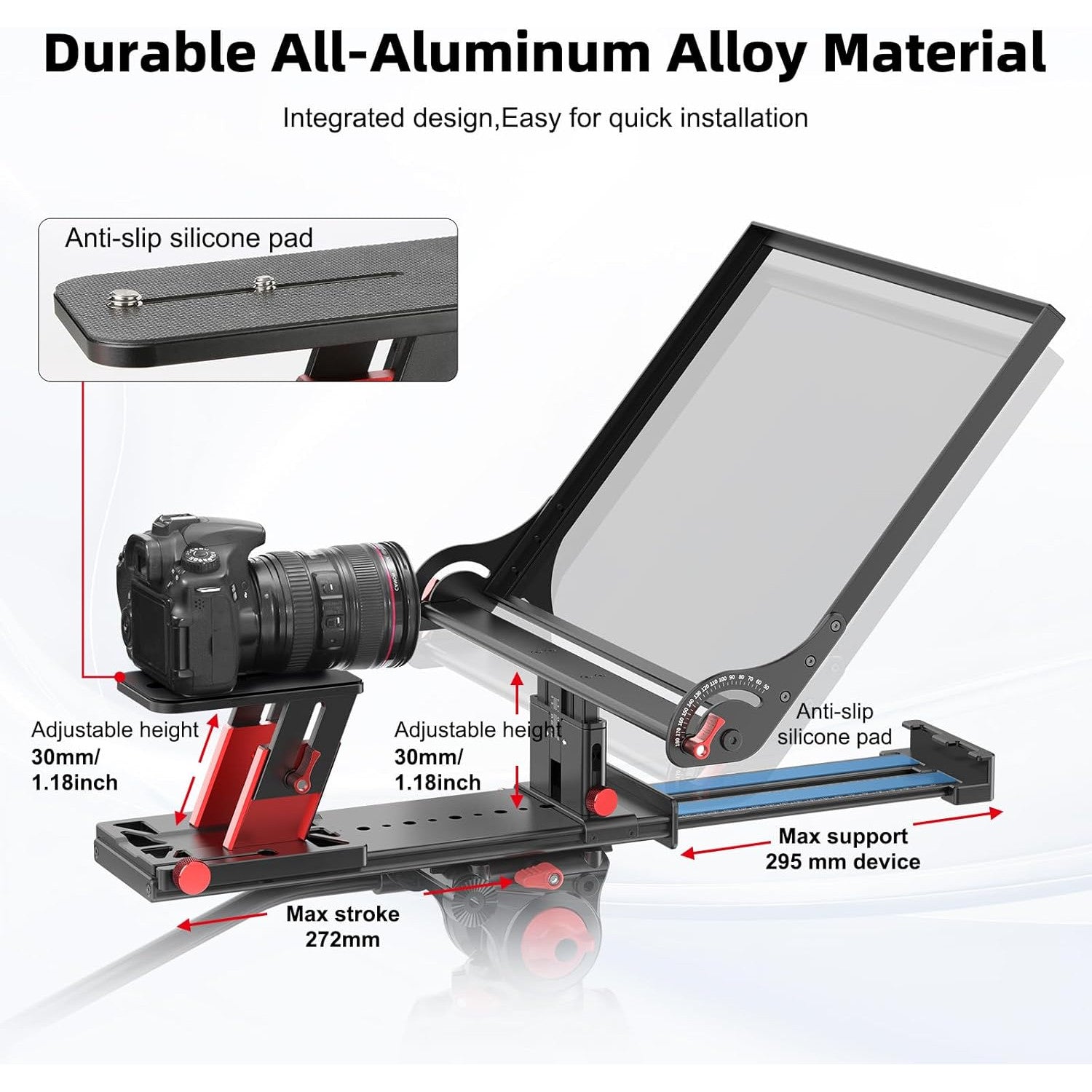 Kit teleprompter de 15 inch, pentru camere DSLR, cu telecomanda, compatibil cu smartphone si tableta pana la 15.3 inch, din metal, din metal, cu montura 1/4 inch si geanta de depozitare si transport