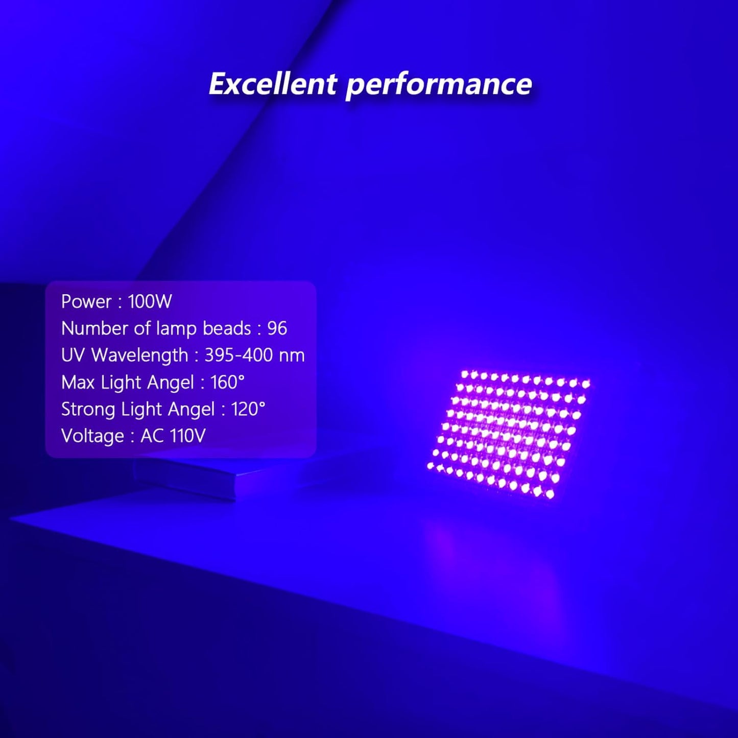 Proiector UV LED 100W IP66 395-400nm, lumina neagra 395–400 nm, IP66 impermeabil, 96 LED, unghi 180°, carcasa aluminiu, intrerupator + cablu 1.5 m, suport reglabil 360°, pentru petreceri, bar, club, Halloween, scena